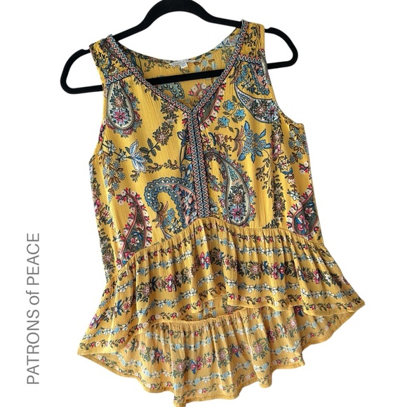 PATRONS OF PEACE | NWOT SLEEVELESS YELLOW PAISLEY BOHO TOP RUFFLE FLOUNCE | XS - Picture 1 of 10